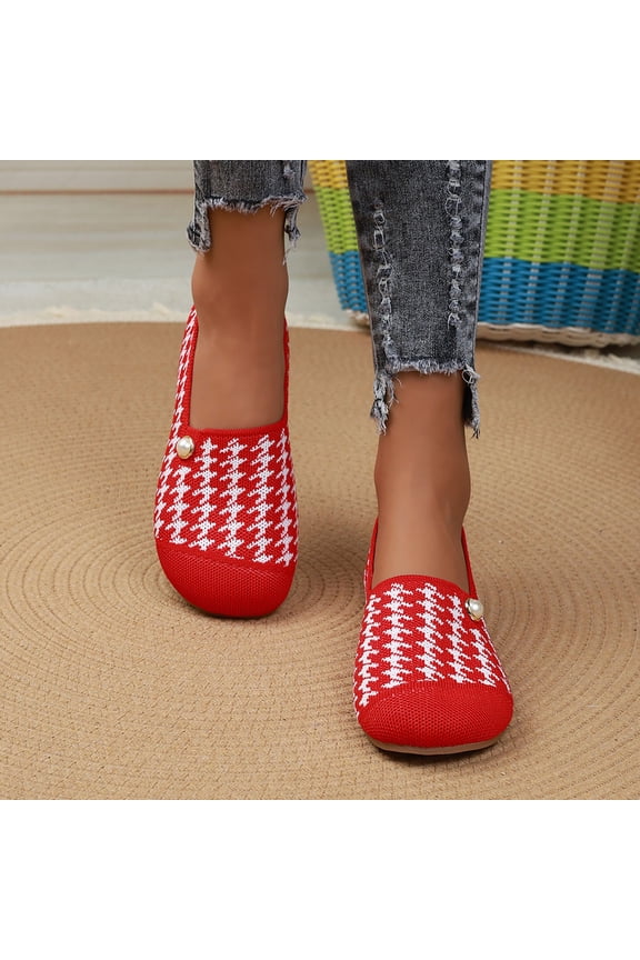 Women Slip On Sneakers, Wide Toe Box Flat Shoes, Breathable Knit Walking Shoes with Arch Support and All Day Comfort (Red, 9)