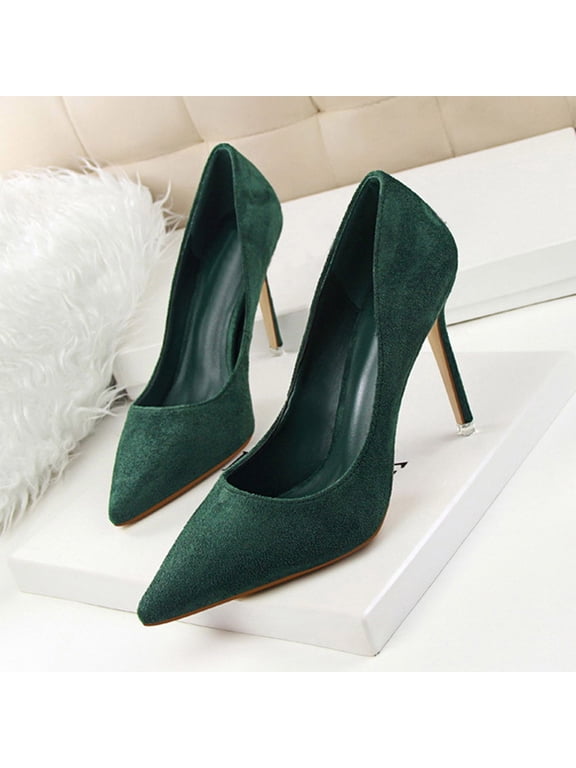Women Suede Pointed Closed Toe Stiletto Pumps, Fashion High Heel Dress Shoes, Comfort Footwear for Wedding, Party & Office Daily Wear (Green, 7.5)