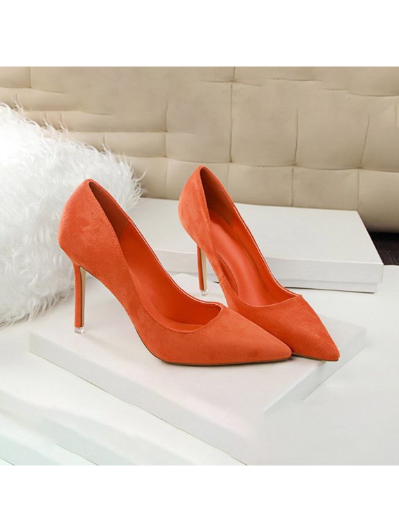 Women Suede Pointed Closed Toe Stiletto Pumps, Fashion High Heel Dress Shoes, Comfort Footwear for Wedding, Party & Office Daily Wear (Orange, 10)