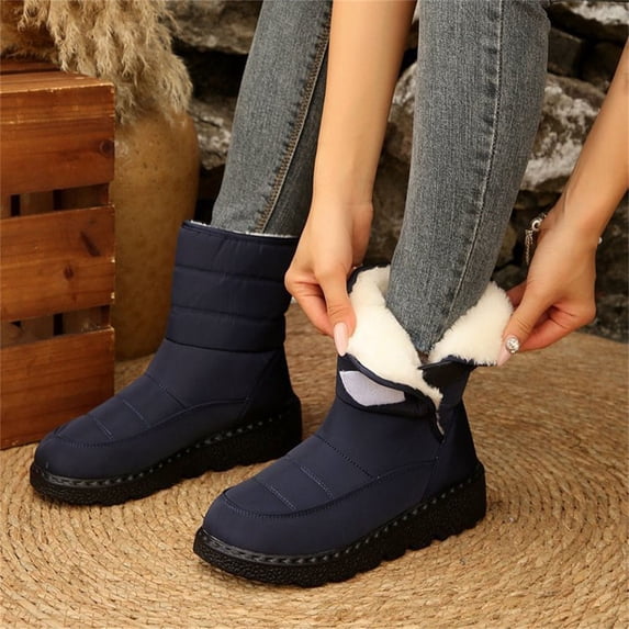 AUDeals Women Thermal Fleece Snow Boots, Waterproof Mid Calf Boots, Plush Lining Slip On Winter Shoes (Blue, 7)
