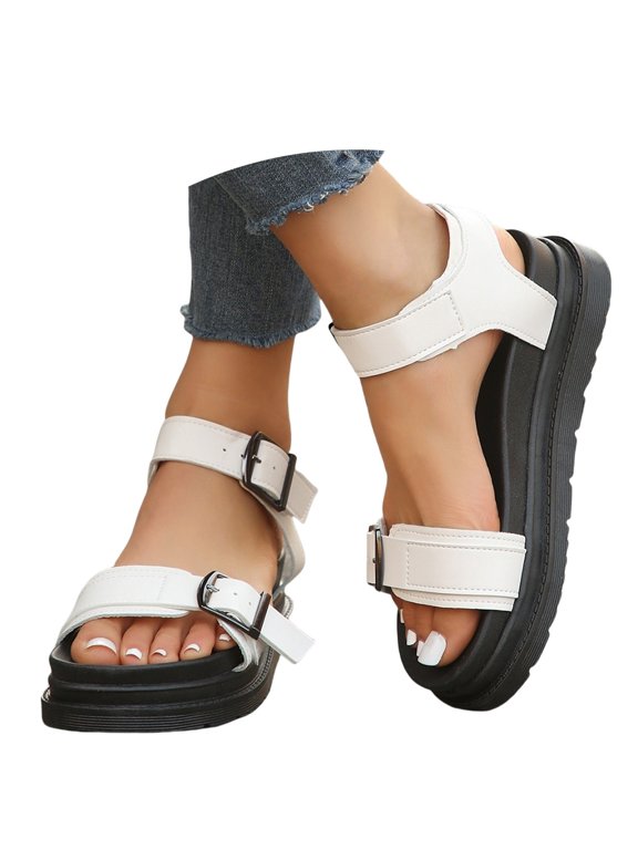 Women Thick Platform Open Toe Sandals, Adjustable Double Strap Leather Flats, Soft Cushioned Arch Support Footbed Comfort Beach Slip On Shoes (White, 6)