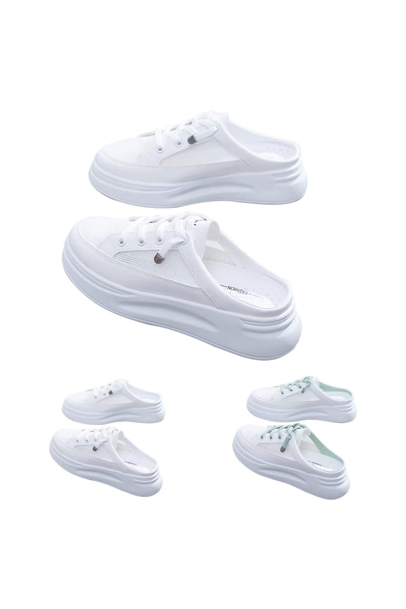 Women's Backless Platform Sneakers, Slip On Wedge Mules with Breathable Comfort for Casual Daily Wear (White, 8)