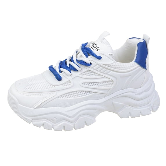 AUDeals Women’s Chunky Mesh Sneakers Thick Sole PU Leather Platform Shoes Lace Up Casual Walking Sneakers (Blue, 6.5)