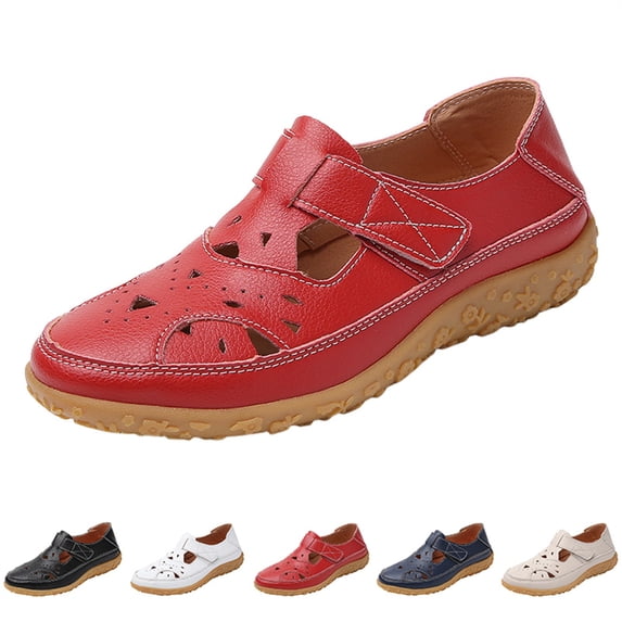 AUDeals Women's Closed Toe Sandals, Orthopedic Flat Shoes with Arch Support and Breathable Hollow Out Comfort (Red, 8.5)
