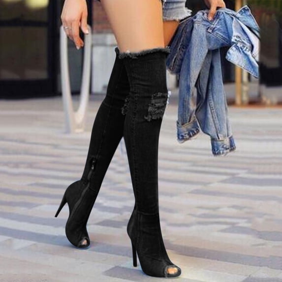 AUDeals Women's Denim Long Boots, Side Zipper Fashion Shoes with Pointed Toe and Chunky High Heel Style