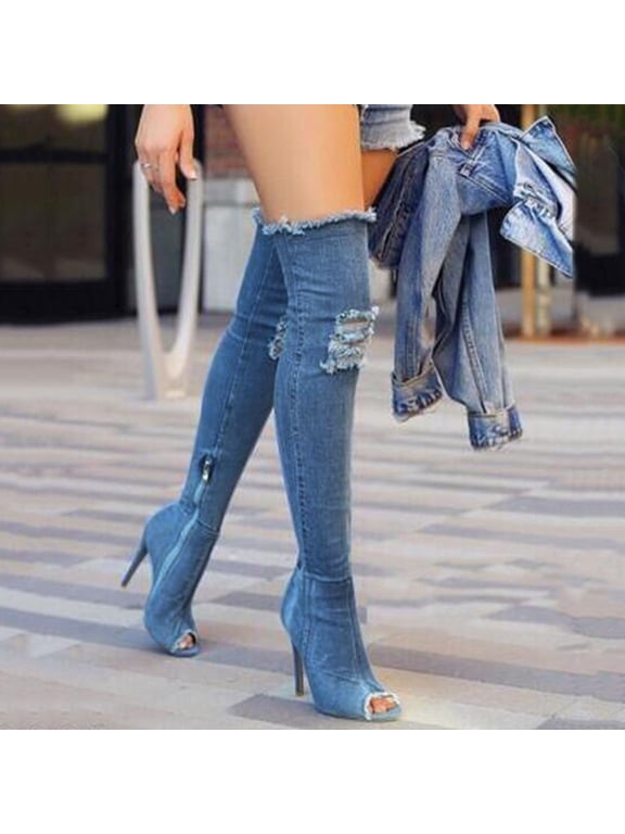 Women's Denim Long Boots, Side Zipper Fashion Shoes with Pointed Toe and Chunky High Heel Style