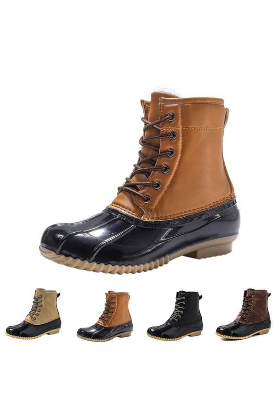 Women's Duck Boots, Lace Up Waterproof Snow Shoes with Two Tone Style and Mid Calf Winter Comfort