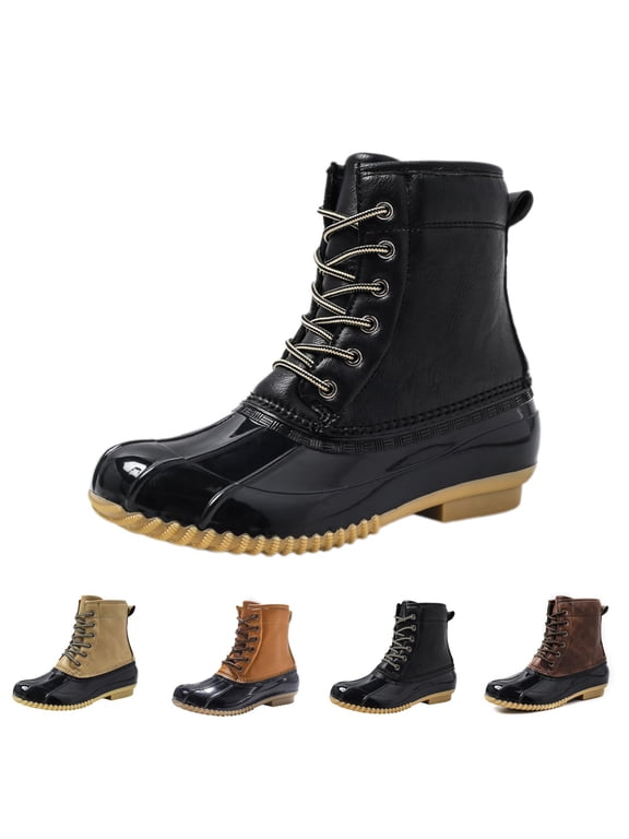 Women's Duck Boots, Lace Up Waterproof Snow Shoes with Two Tone Style and Mid Calf Winter Comfort