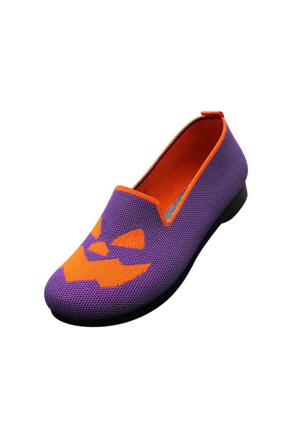Women’s Halloween Knit Soft Sole Non Slip Flats Shoes Pumpkin Face Ghost Pattern Loafers Knitted Slip On Shoes (Purple, 8)