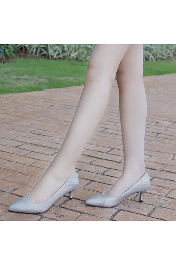 Women's Kitten Heel Pumps, Lovely Slip On Dress Shoes with Pointed Toe Comfort for Bridal, Work and Wedding Wear (Silver, 7)