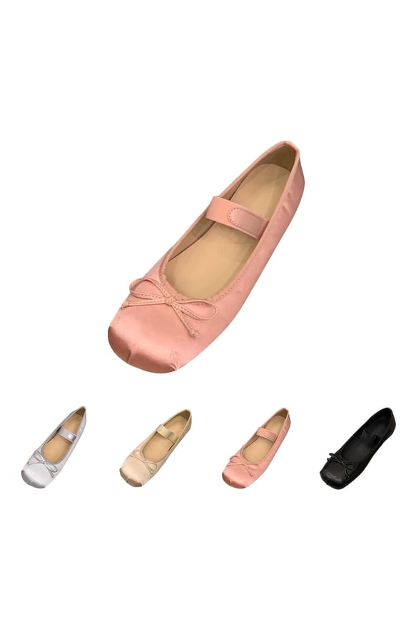 Women's Mary Jane Flats, Square Toe Casual Shoes with Elastic Strap and Bowknot, Comfortable Slip On Ballet Style