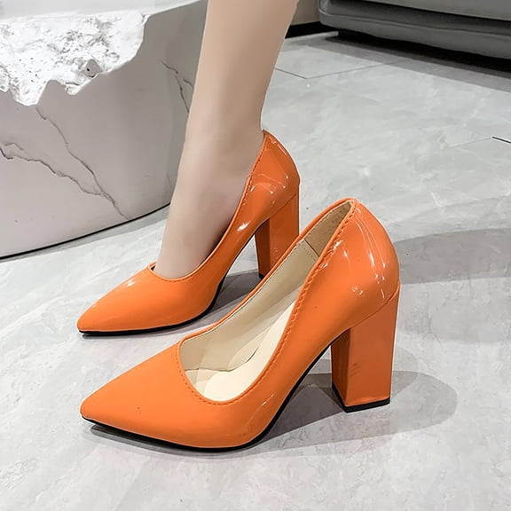 AUDeals Women's Mid Heel Pumps, Closed Toe Patent Shoes with Block Heel Comfort for Party, Work and Fashion Wear (Orange, 10)