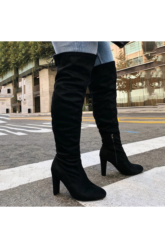 Women's Over The Knee Boots, Chunky Heel Thigh High Style with Platform Comfort, Stylish Long Boots in Black and Gray