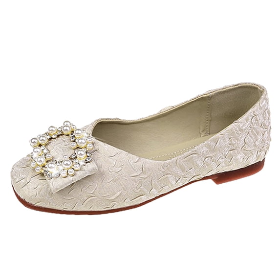 AUDeals Women’s Pearl Rhinestone Slip On Flats Breathable Casual Flat Shoes Non Slip Low Top Dress Shoes (Beige, 6.5-7)