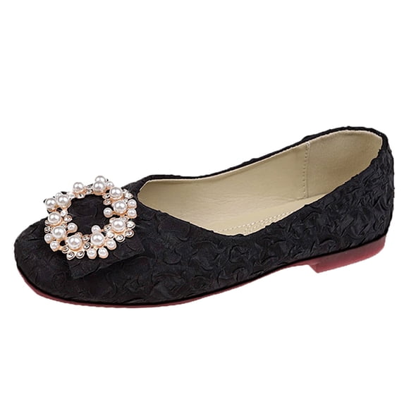 AUDeals Women’s Pearl Rhinestone Slip On Flats Breathable Casual Flat Shoes Non Slip Low Top Dress Shoes (Black, 9.5-10)