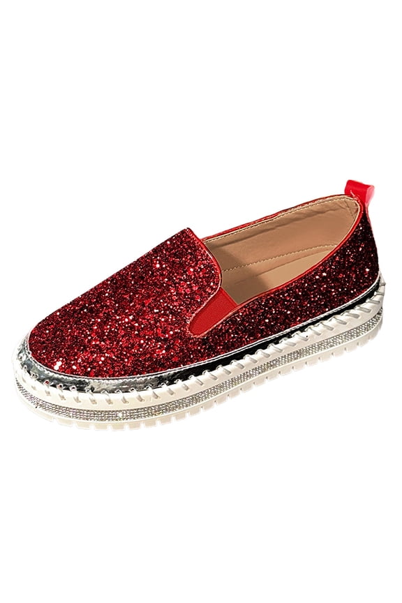 Women’s Platform Walking Shoes Fashion Rhinestone Slip On Sneakers Bling Sequin Casual Cute Bowknot Loafers (Red, 6)
