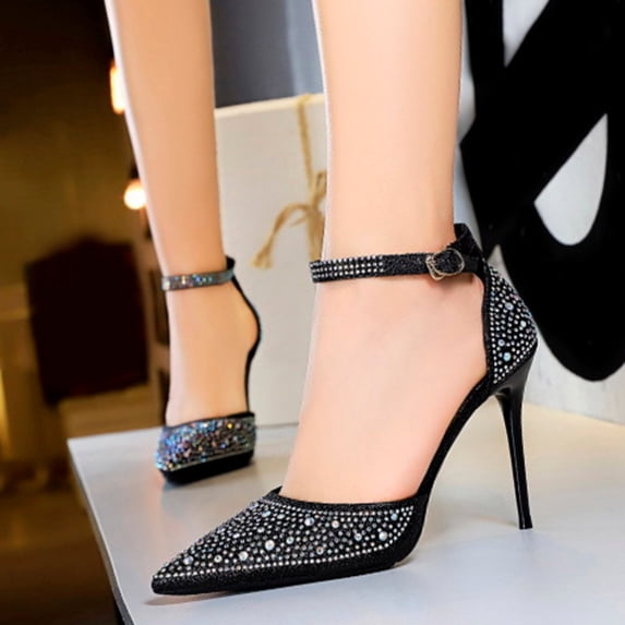 AUDeals Women's Pointed Toe Heels, Rhinestone Stiletto Pumps with Slingback Comfort for Wedding and Party Wear (Black, 8)