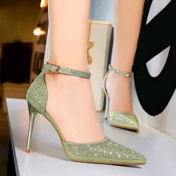 AUDeals Women's Pointed Toe Heels, Rhinestone Stiletto Pumps with Slingback Comfort for Wedding and Party Wear (Gold, 8)