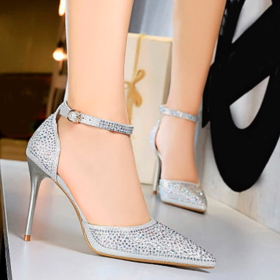 AUDeals Women's Pointed Toe Heels, Rhinestone Stiletto Pumps with Slingback Comfort for Wedding and Party Wear (White, 7)