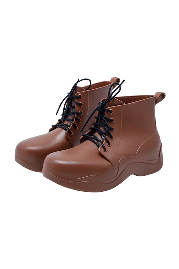 Women's Rain Boots Solid Color Round Toe Heel Platform Ankle Boots Fashion Cross Lace Up Thick Heel Booties Outdoor Shoes (Brown, 7)
