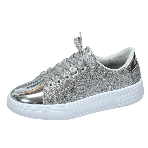 AUDeals Women's Rhinestone Sneakers, Glitter Lace Up Shoes with Bling Style and Lightweight Comfort for Tennis and Casual Wear (Silver, 9.5)