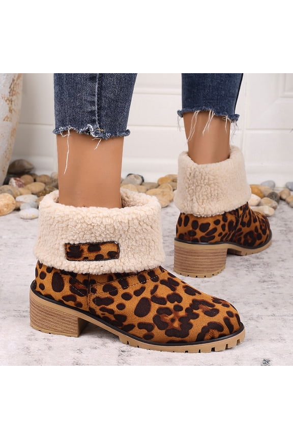 Women's Snow Booties, Leopard Print Fur Lined Boots with Chunky Heel Comfort for Winter Outdoor Wear (Brown, 9)