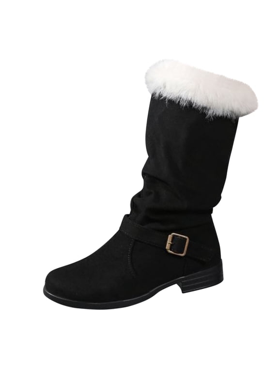 Women's Waterproof Snow Boots Thick Plush Collar Slip On Mid Calf Thermal Non Slip Winter Boots (Black, 8)