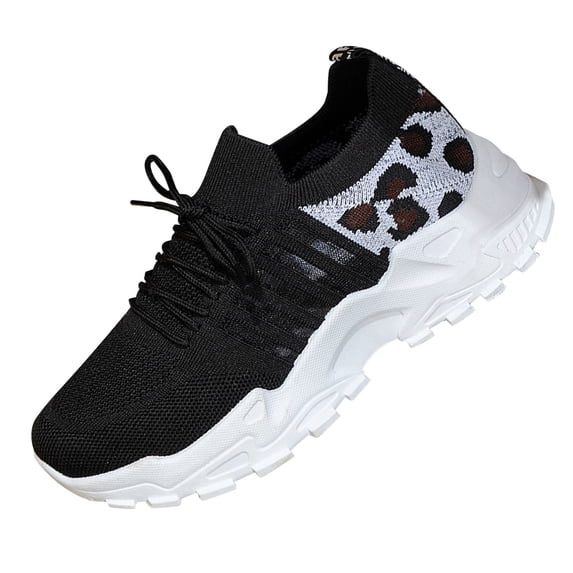AUDeals Womens Fashion Leopard Print Lace Up Low Top Wear Resistant Breathable Mesh Sneakers Casual Comfortable Sports Running Shoes (Black, 6.5)