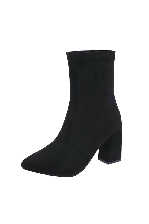 Womens High Heel Ankle Boots Pointed Toe Chunky Heel Stretch Booties Zip Up Square Toe Dress Boots Fashion Booties (Black, 6.5)