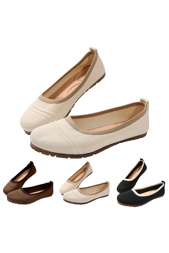 Womens Knit Ballet Flats Wide Toe Box Round Toe Slip On Comfort Soft Walking Work Shoes (Beige, 6.5)
