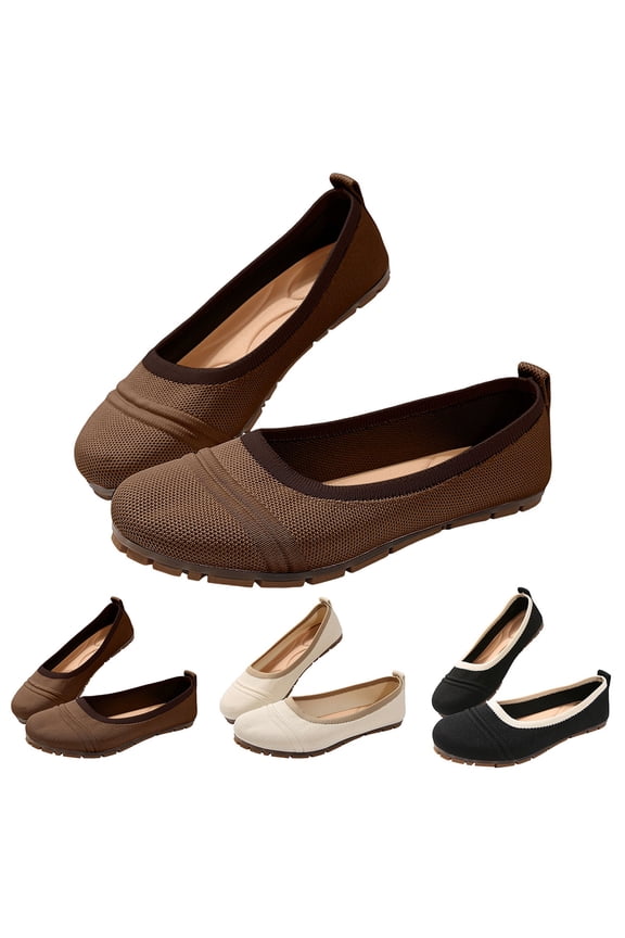 Womens Knit Ballet Flats Wide Toe Box Round Toe Slip On Comfort Soft Walking Work Shoes (Coffee, 6.5)