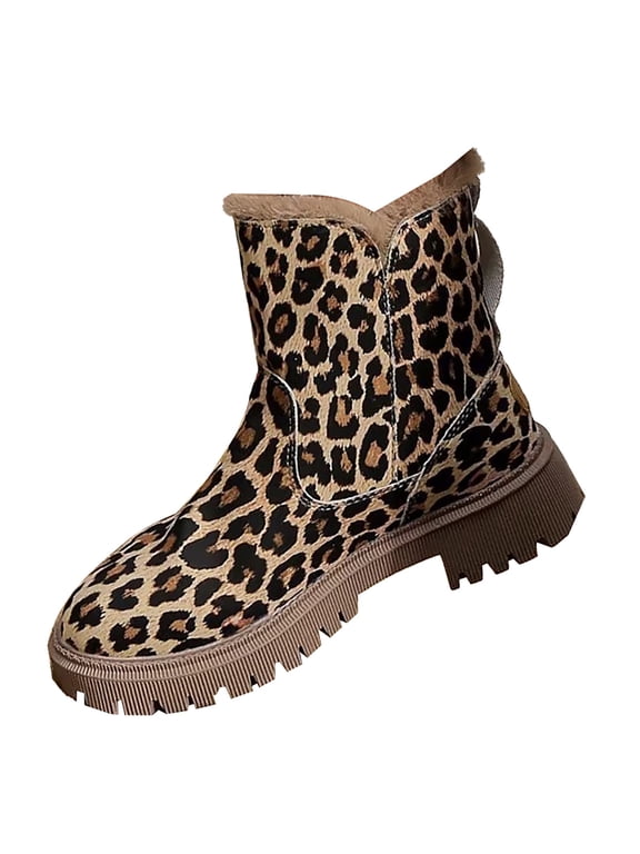 Womens Lace Up Ankle Booties Lug Sole Low Heel Leopard Print Fleece Lined Hiking Boots (Brown, 6.5)