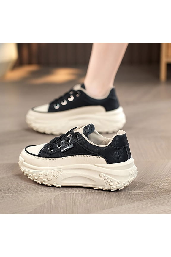 Womens Leather Platform Sneakers High Heel Lace Up Chunky Fashion Walking Trainer Shoes (Black, 6)
