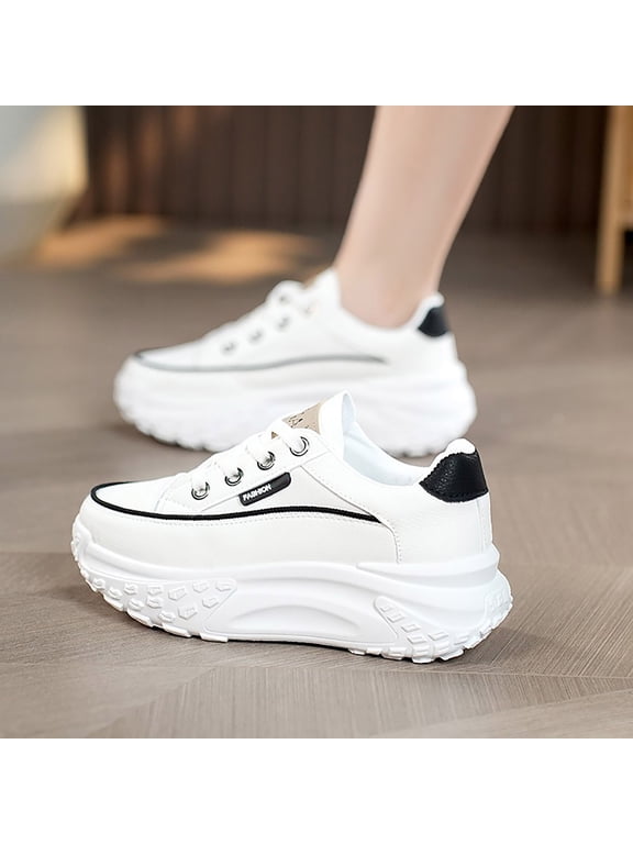 Womens Leather Platform Sneakers High Heel Lace Up Chunky Fashion Walking Trainer Shoes (White, 7.5)