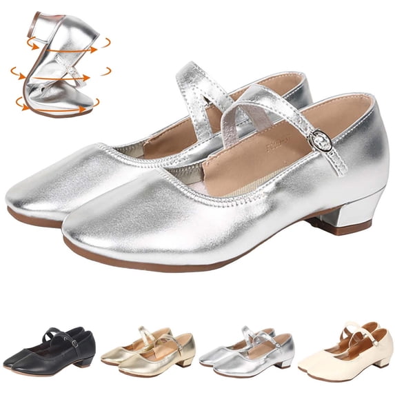 AUDeals Womens Mary Jane Low Heel Dress Pumps Adjustable Ankle Strap Pointed Toe Casual Flats (Silver, 6)