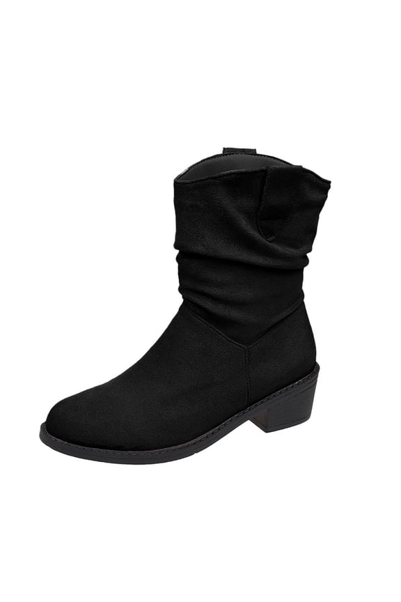 Womens Mid Calf Boots Fashion Slouch Chunky Heel Side Zipper Retro Pointed Toe Fur Lined Wide Width Riding Booties (Black, 6)