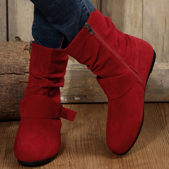 AUDeals Womens Short Boots Wide Width Suede Chunky Mid Calf Boots Block Low Heel Side Zipper Booties (Red, 9.5)