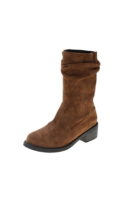 Womens Suede Slouchy Mid Calf Boots Lace Up Pom Pom Round Toe Side Zipper Wide Calf Chunky High Boots Arch Support (Brown, 6)