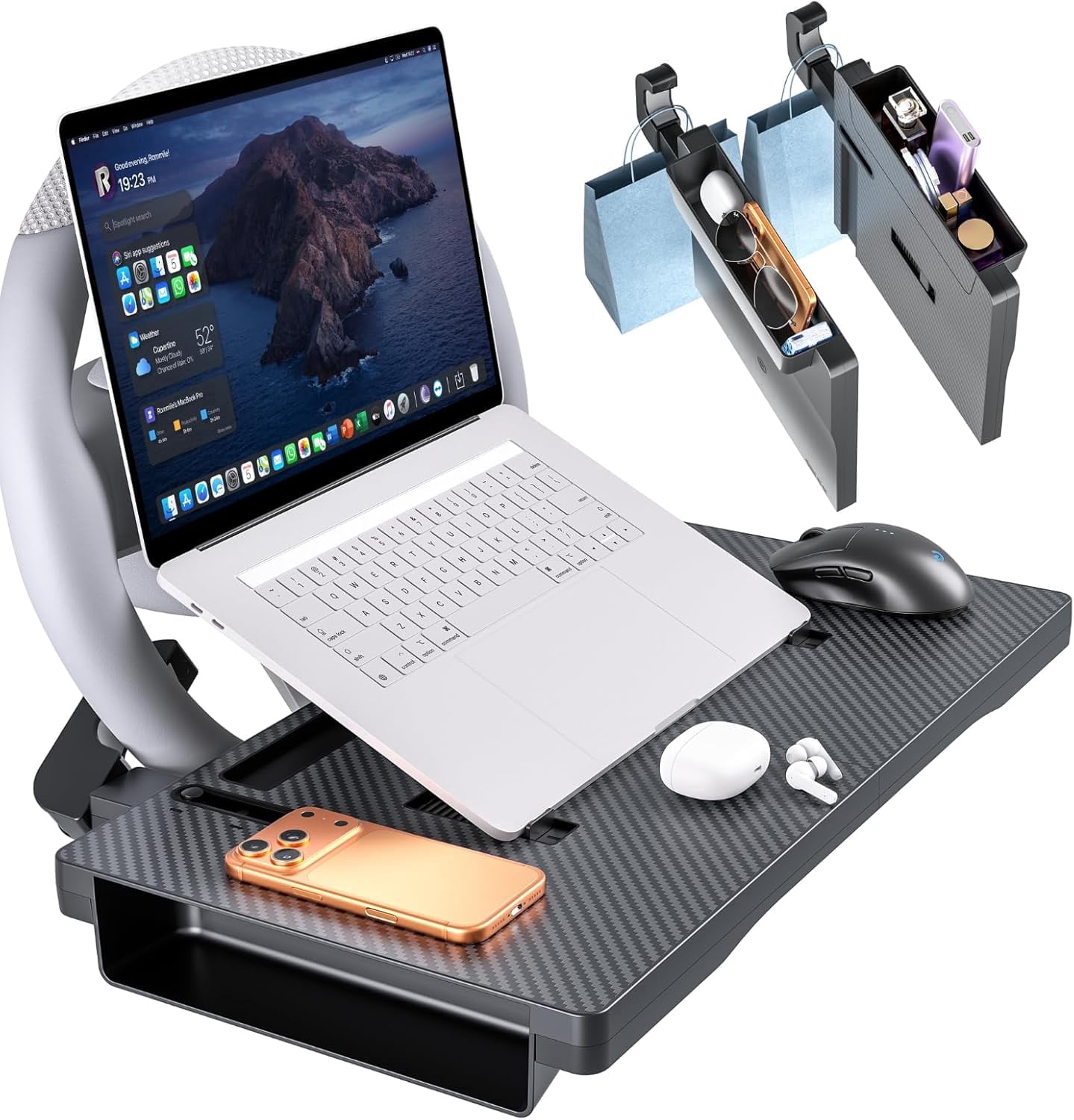 AUEOTUAR Carbon Fiber 3-in-1 Steering Wheel Tray Table & Car Seat Gap Filler Organizer | Foldable Adjustable Desk for Laptop, Eating & Work | Universal Car Office Accessories for Drivers, Women & Men