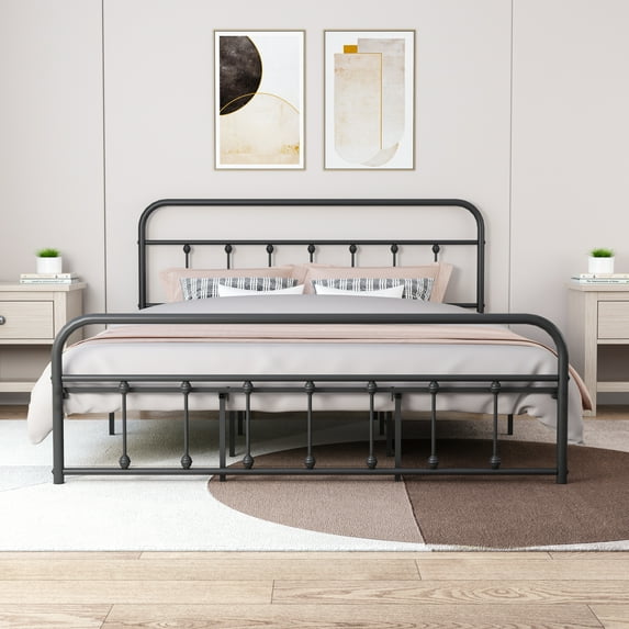 AUFANK California King Size Platform Metal Bed Frame Foundation Heavy Duty Steel Slabs Black