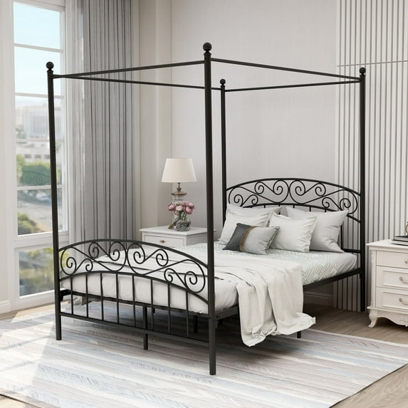 AUFANK Classic Full Size Metal Canopy Bed Frame, Easy Assembly, Black