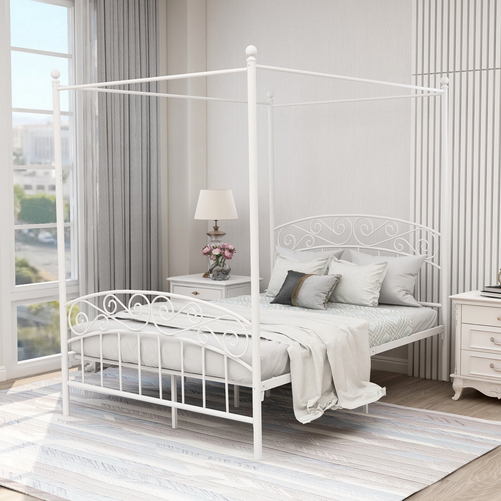 AUFANK Classic Full Size Metal Canopy Bed Frame, Easy Assembly, White