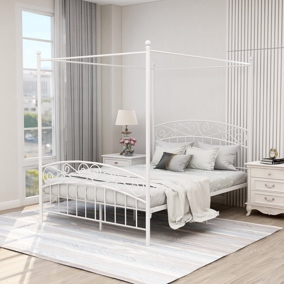 AUFANK Classic Queen Size Metal Canopy Bed Frame, Easy Assembly, White