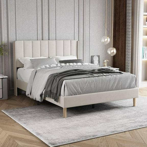 AUFANK Full Bed Frame Upholstered Platform with Wooden Slats, Noise-Free, Beige