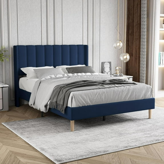 AUFANK Full Bed Frame Upholstered Platform with Wooden Slats, Noise-Free, Blue