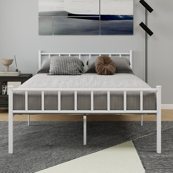 AUFANK Full Size Classic Metal Platform Bed Frame-Mattress Foundation Steel Slat Support, White