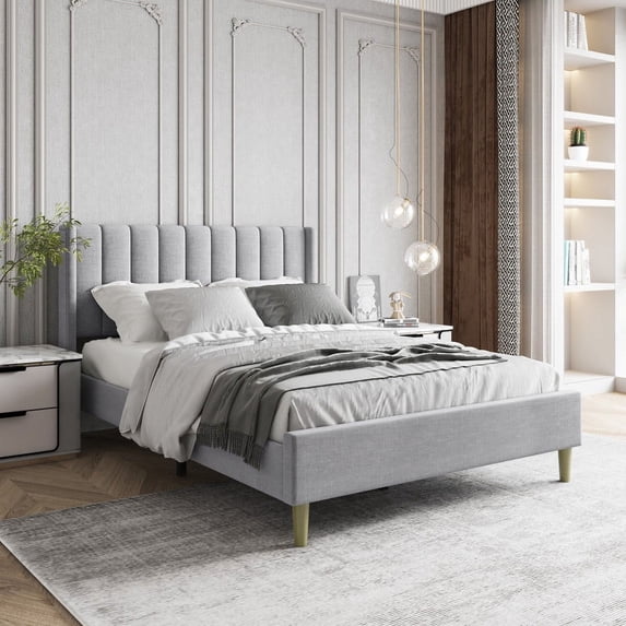AUFANK Full Size Metal Platform Beds with Storage, Light Grey