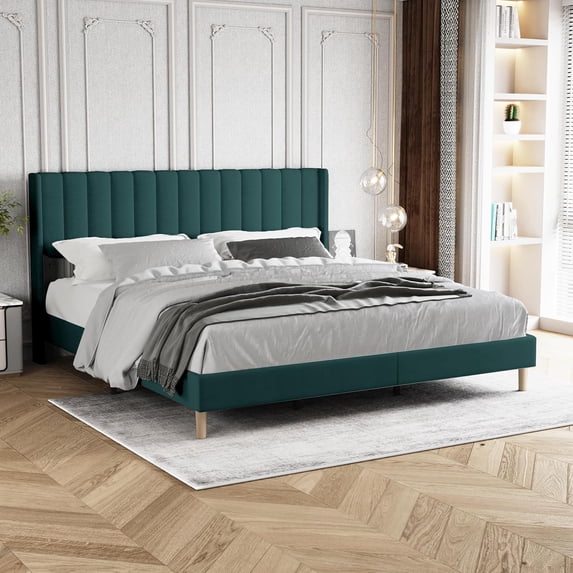 AUFANK King Bed Frame Upholstered Platform with Wooden Slats, Noise-Free, Green