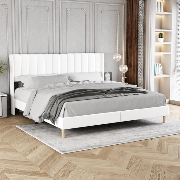 AUFANK King Bed Frame Upholstered Platform with Wooden Slats, Noise-Free, White