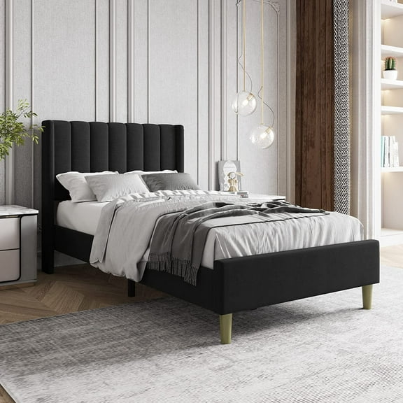 AUFANK Twin Bed Frame Upholstered Platform with Wooden Slats, Noise-Free, Black